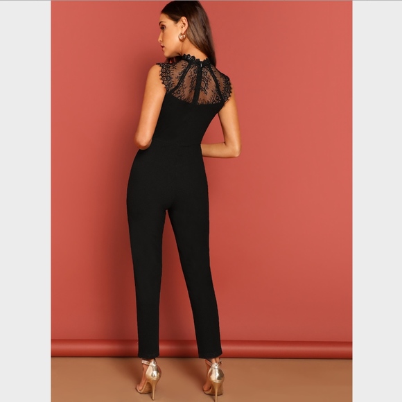 Black Lace Detail Tapered Leg Jumpsuit - Picture 3 of 8